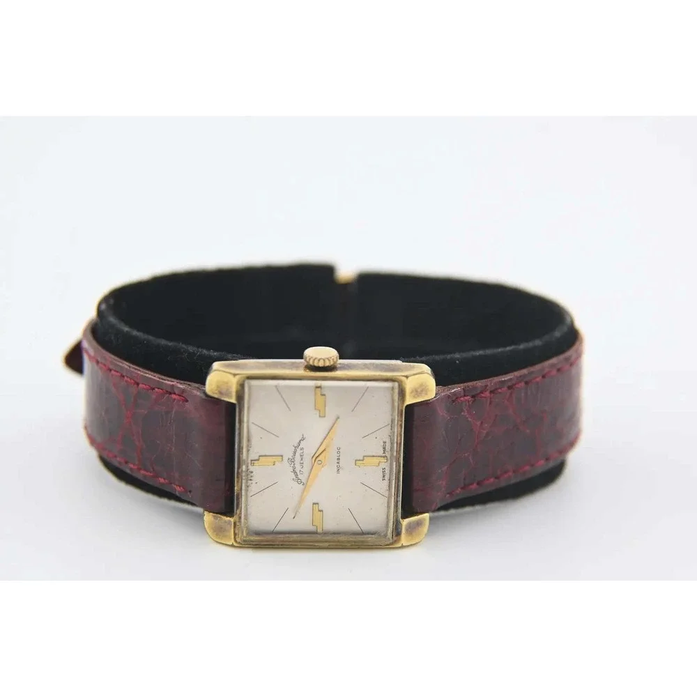 Andre Bouchard 17 Jewels Incabloc Vintage Swiss Watch Gold Tone Square Burgundy